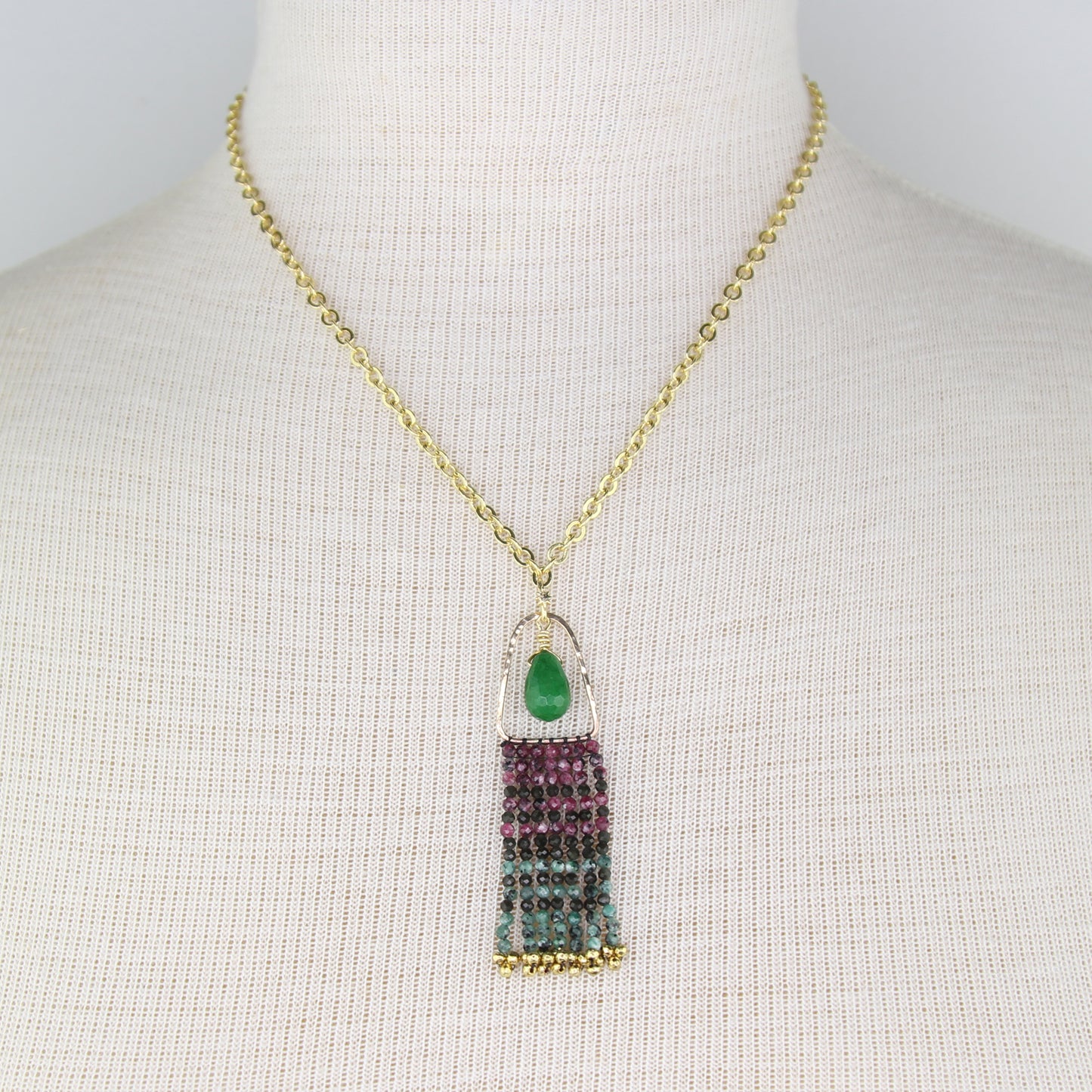 Ruby Zoisite, Jade, and Obsidian Fringe Necklace