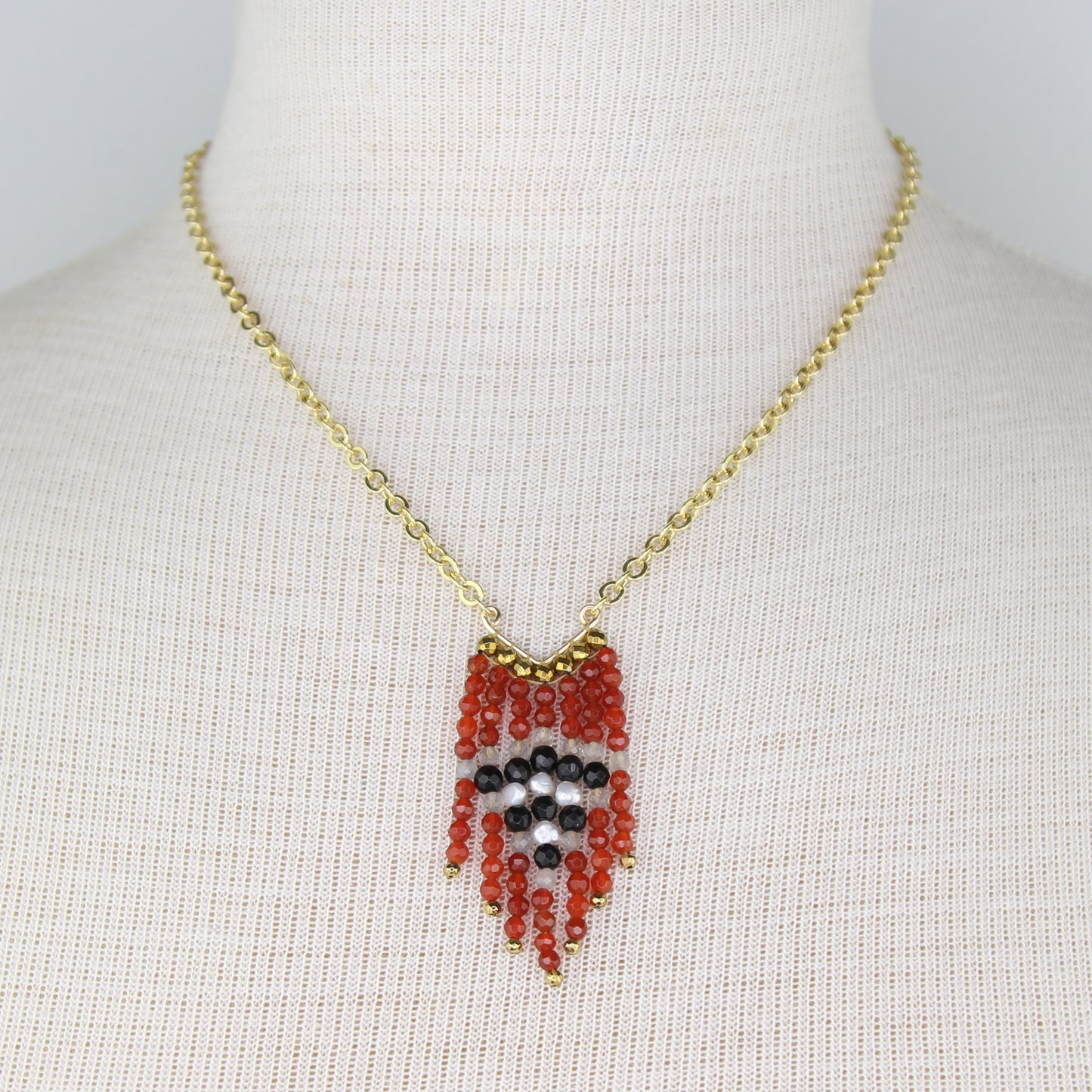 Carnelian, Labradorite, Onyx, and Pearl Fringe Necklace