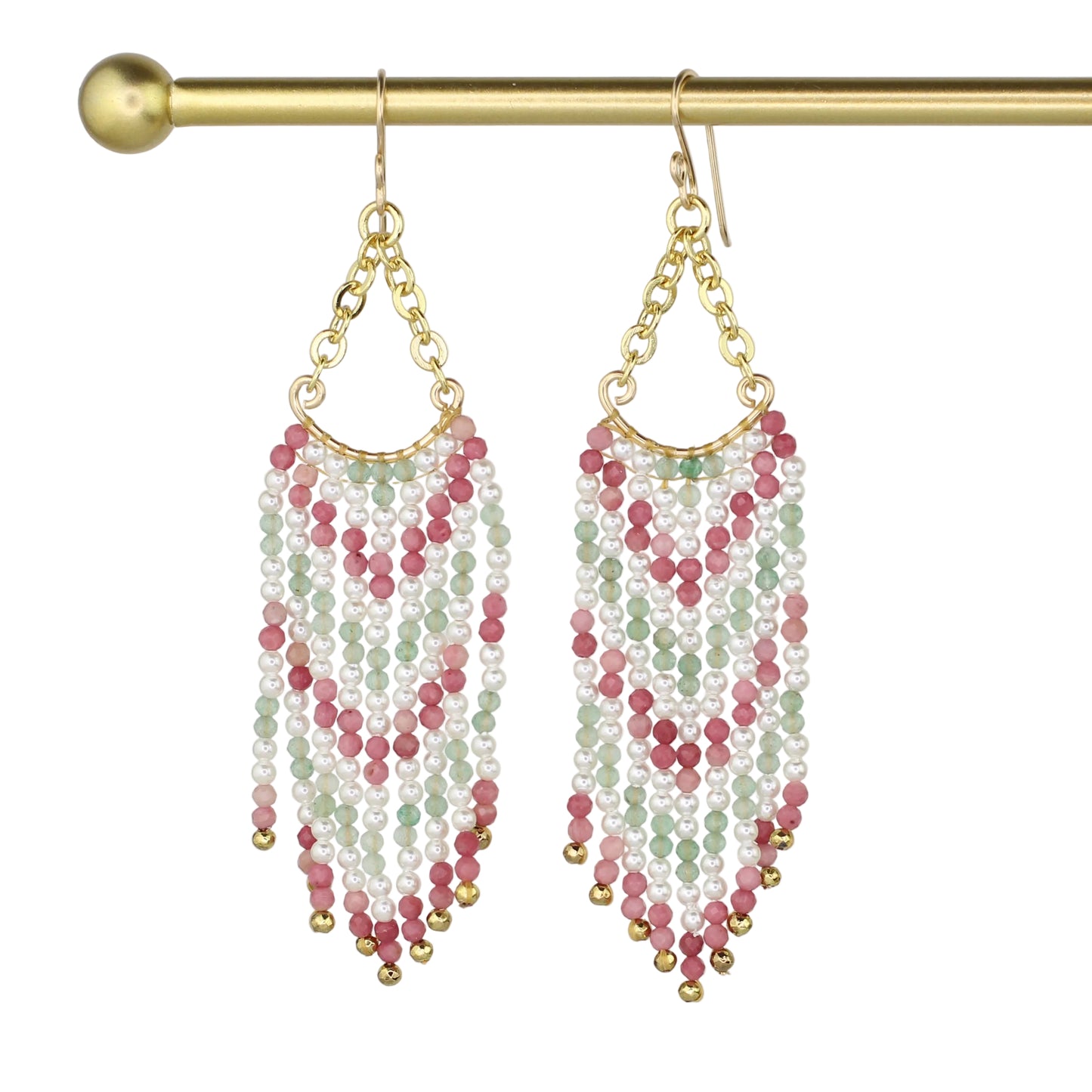 Rhodonite, Pearl, and Aventurine Chandelier Fringe Earrings