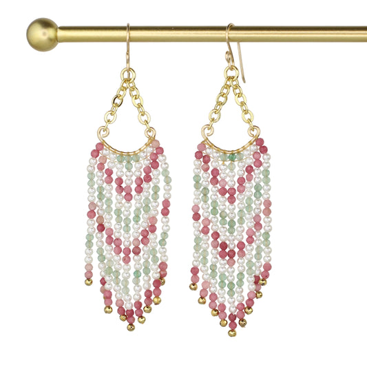 Rhodonite, Pearl, and Aventurine Chandelier Fringe Earrings