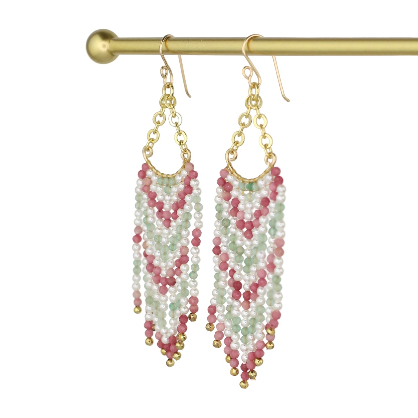 Rhodonite, Pearl, and Aventurine Chandelier Fringe Earrings