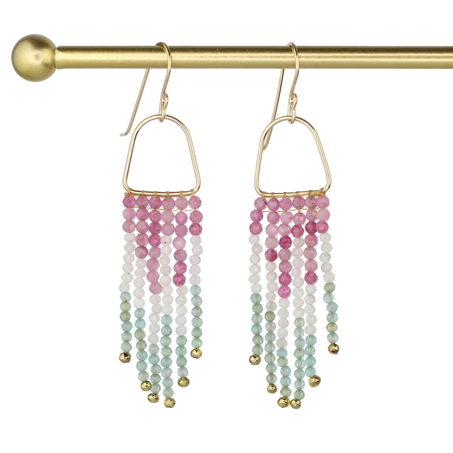 Pink Jade, Moonstone, and Kyanite Fringe Earrings