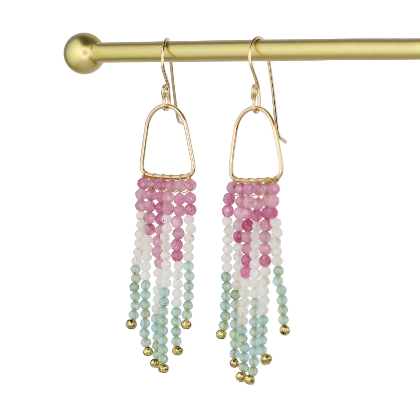 Pink Jade, Moonstone, and Kyanite Fringe Earrings