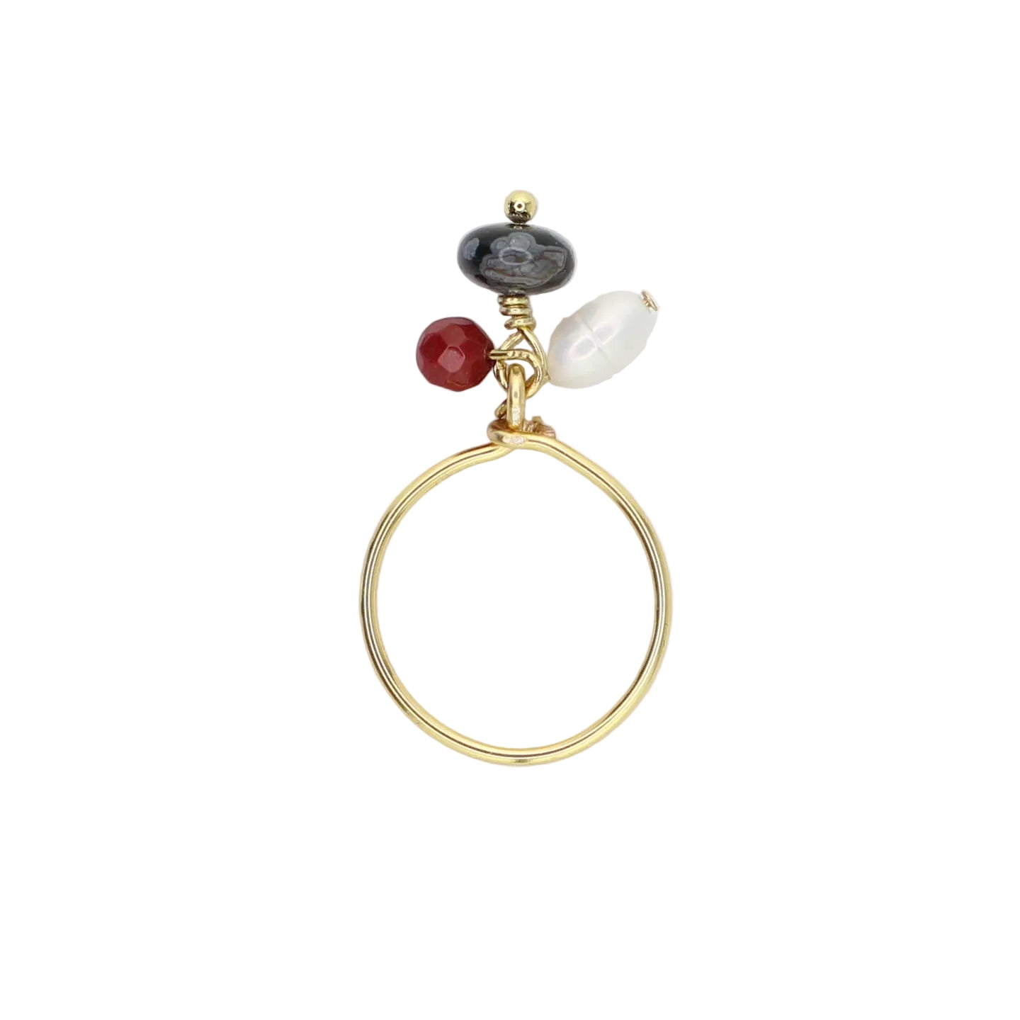 Snowflake Obsidian, Coral, and Pearl Charm Ring