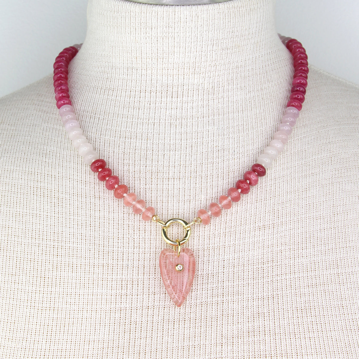 Pink Jade Necklace with Rose Quartz Heart Pendant