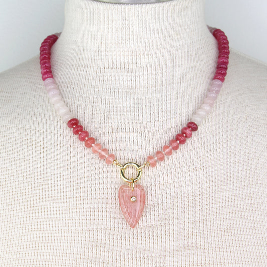Pink Jade Necklace with Rose Quartz Heart Pendant
