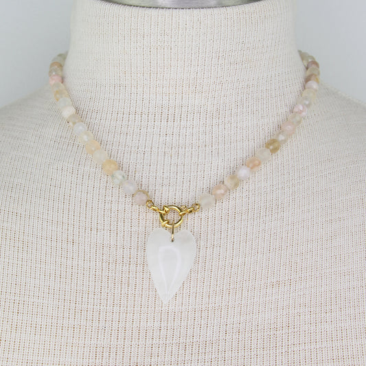 Cherry Blossom Agate and Clear Quartz Heart Necklace