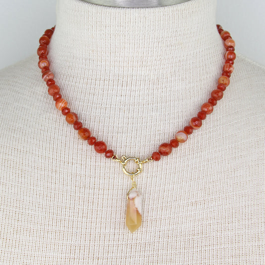 Red Sardonyx and Carnelian Necklace with Cherry Blossom Agate Pendant