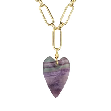 Fluorite Heart Pendant on Paperclip Chain Necklace