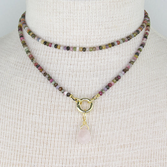 Tourmaline Wrap Necklace with Rose Quartz Pendant