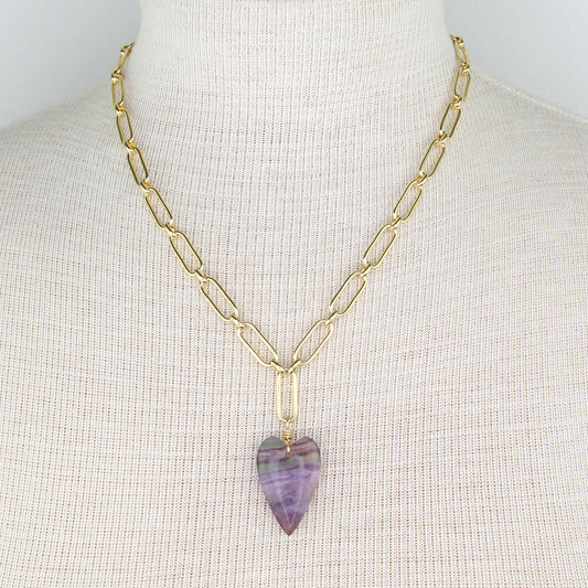 Fluorite Heart Pendant on Paperclip Chain Necklace