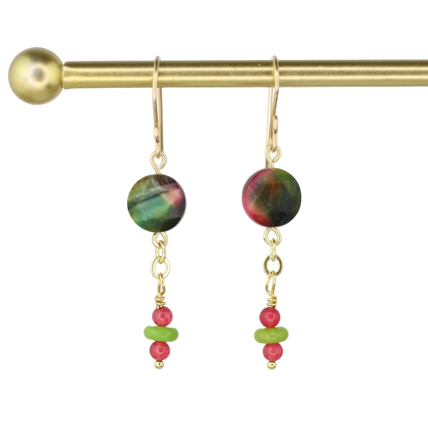 Galaxy Tiger's Eye, Pink Jade, and Serpentinite Earrings - Pink/Green