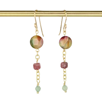 Galaxy Tiger's Eye, Tourmaline, and Green Aventurine Earrings - Pink/Green/Yellow