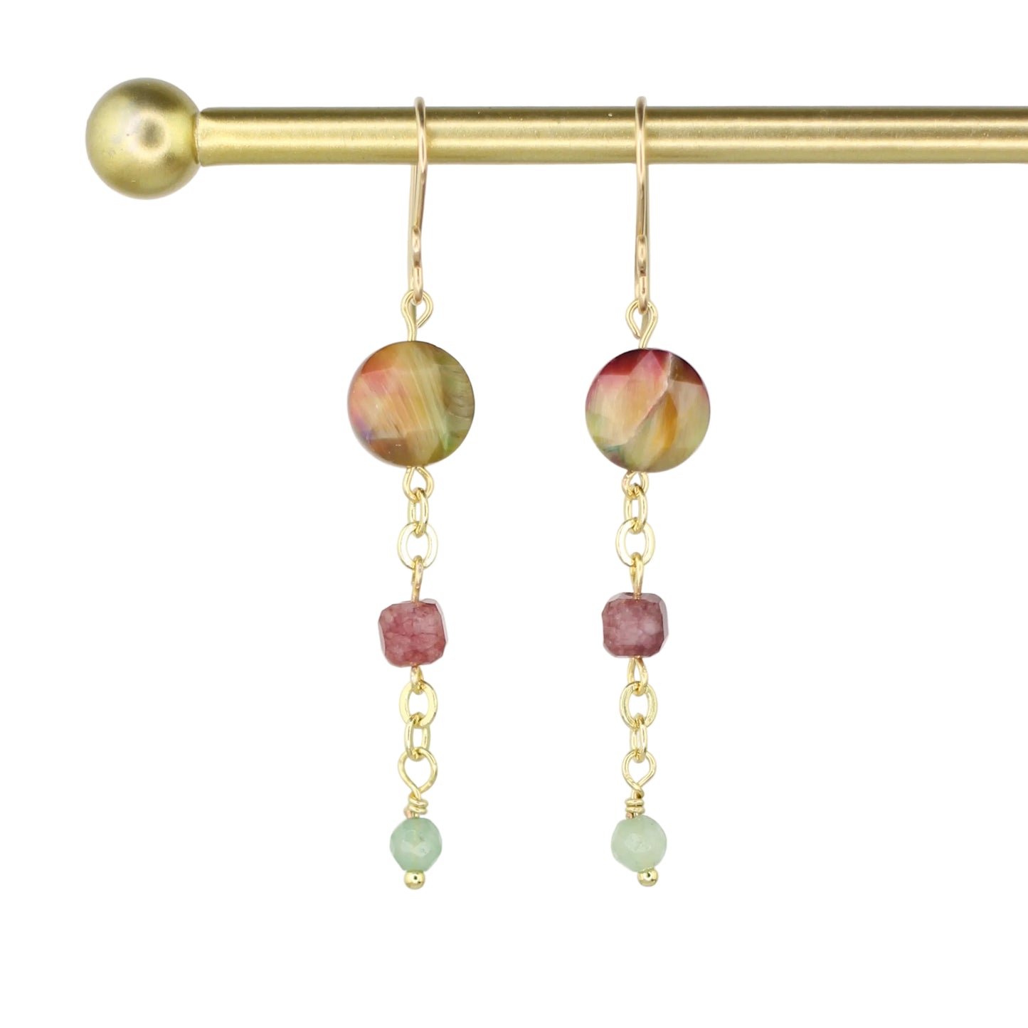 Galaxy Tiger's Eye, Tourmaline, and Green Aventurine Earrings - Pink/Green/Yellow