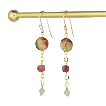 Galaxy Tiger's Eye, Tourmaline, and Green Aventurine Earrings - Pink/Green/Yellow