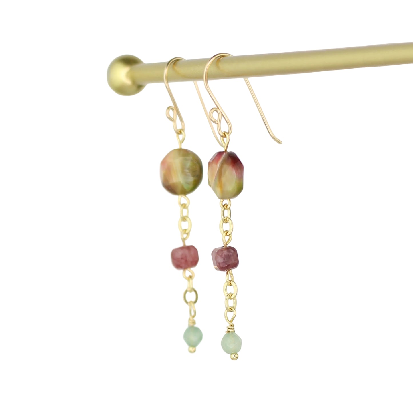 Galaxy Tiger's Eye, Tourmaline, and Green Aventurine Earrings - Pink/Green/Yellow
