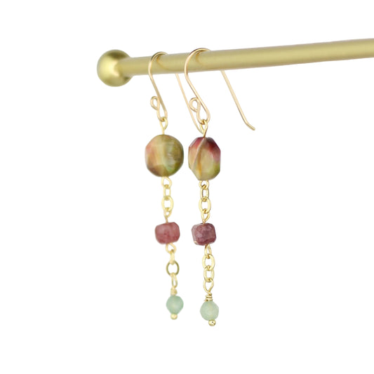 Galaxy Tiger's Eye, Tourmaline, and Green Aventurine Earrings - Pink/Green/Yellow