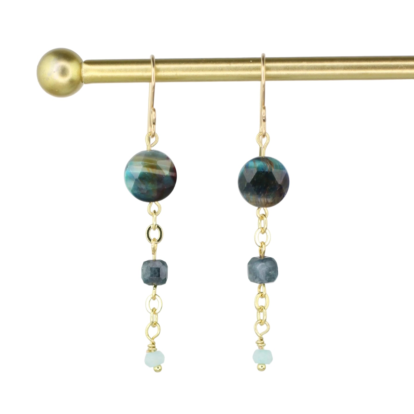Galaxy Tiger's Eye, Tourmaline, and Blue Jade Earrings - Blue