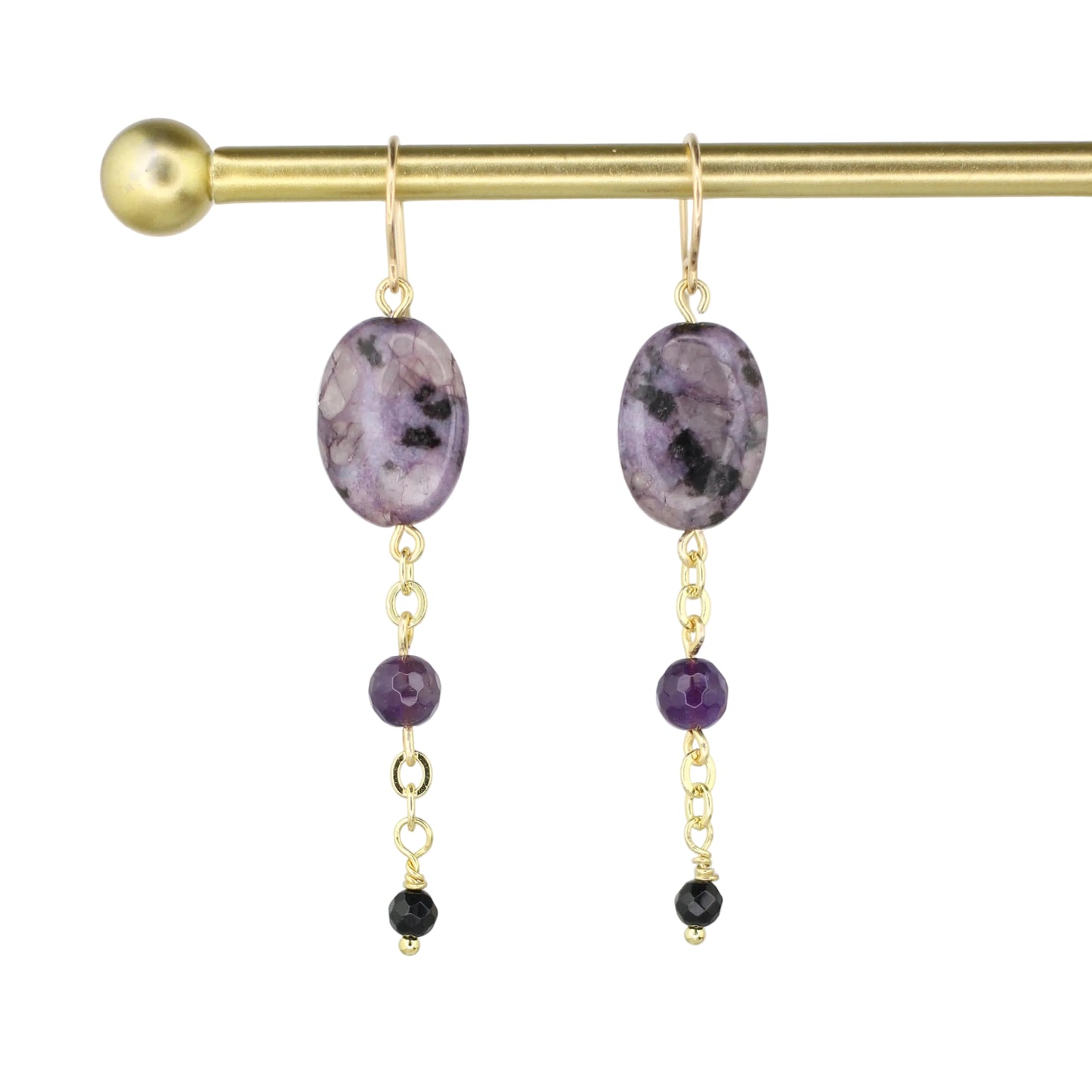 Purple Kiwi Quartz, Amethyst, and Onyx Earrings