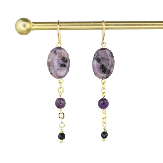 Purple Kiwi Quartz, Amethyst, and Onyx Earrings