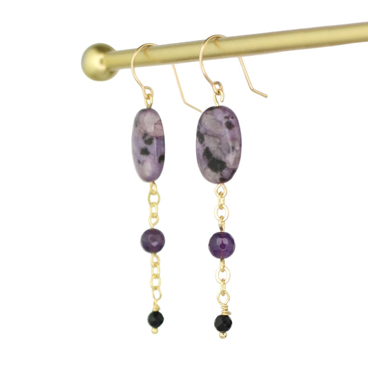 Purple Kiwi Quartz, Amethyst, and Onyx Earrings