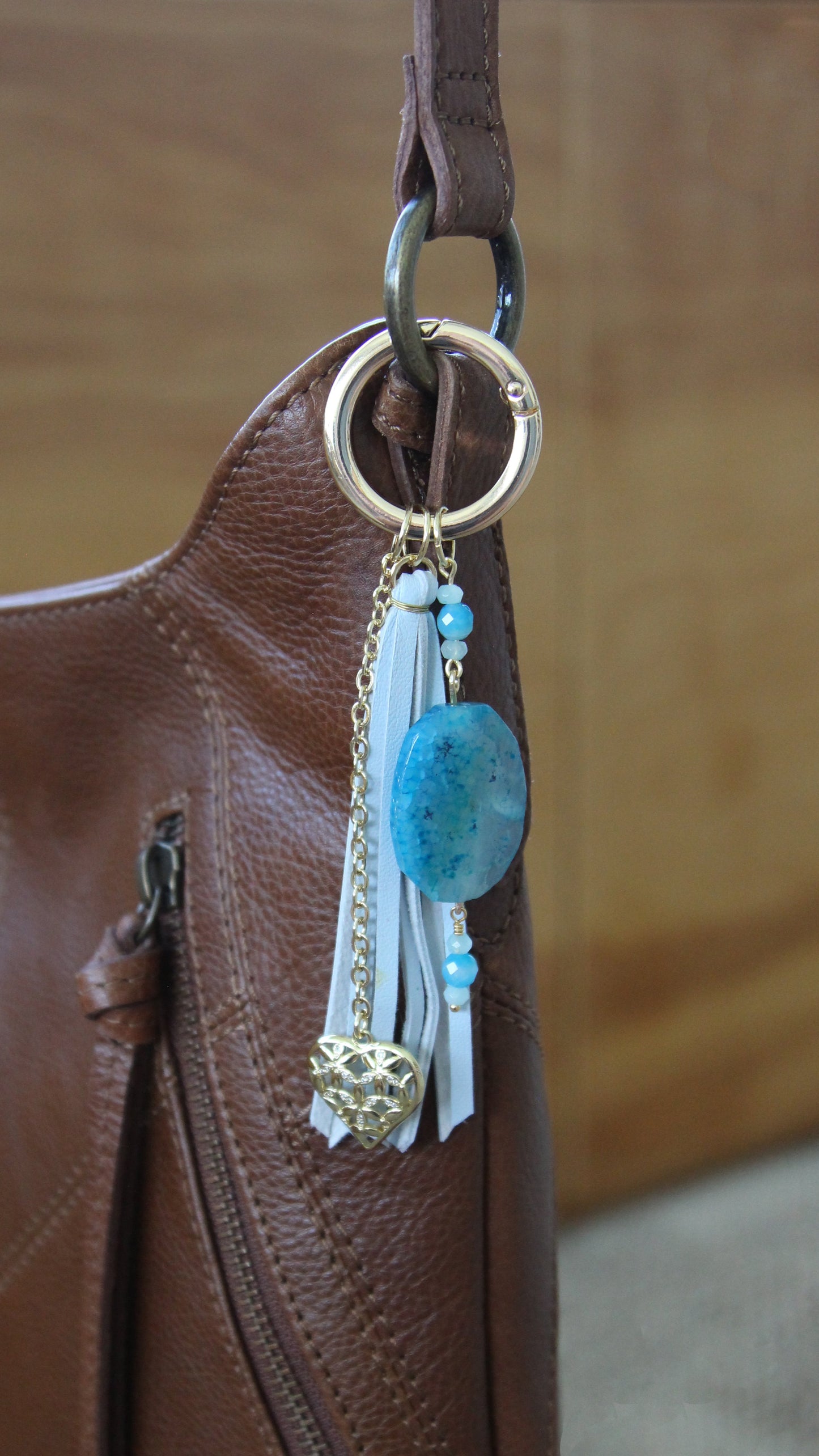 Blue Agate, Heart Charm, and Pale Blue Leather Bag Charm