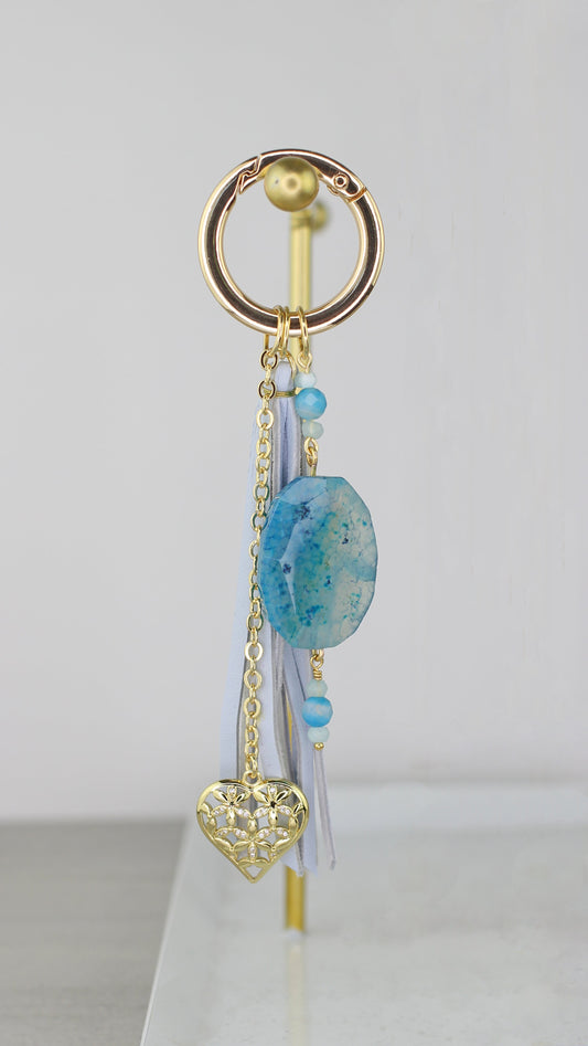 Blue Agate, Heart Charm, and Pale Blue Leather Bag Charm