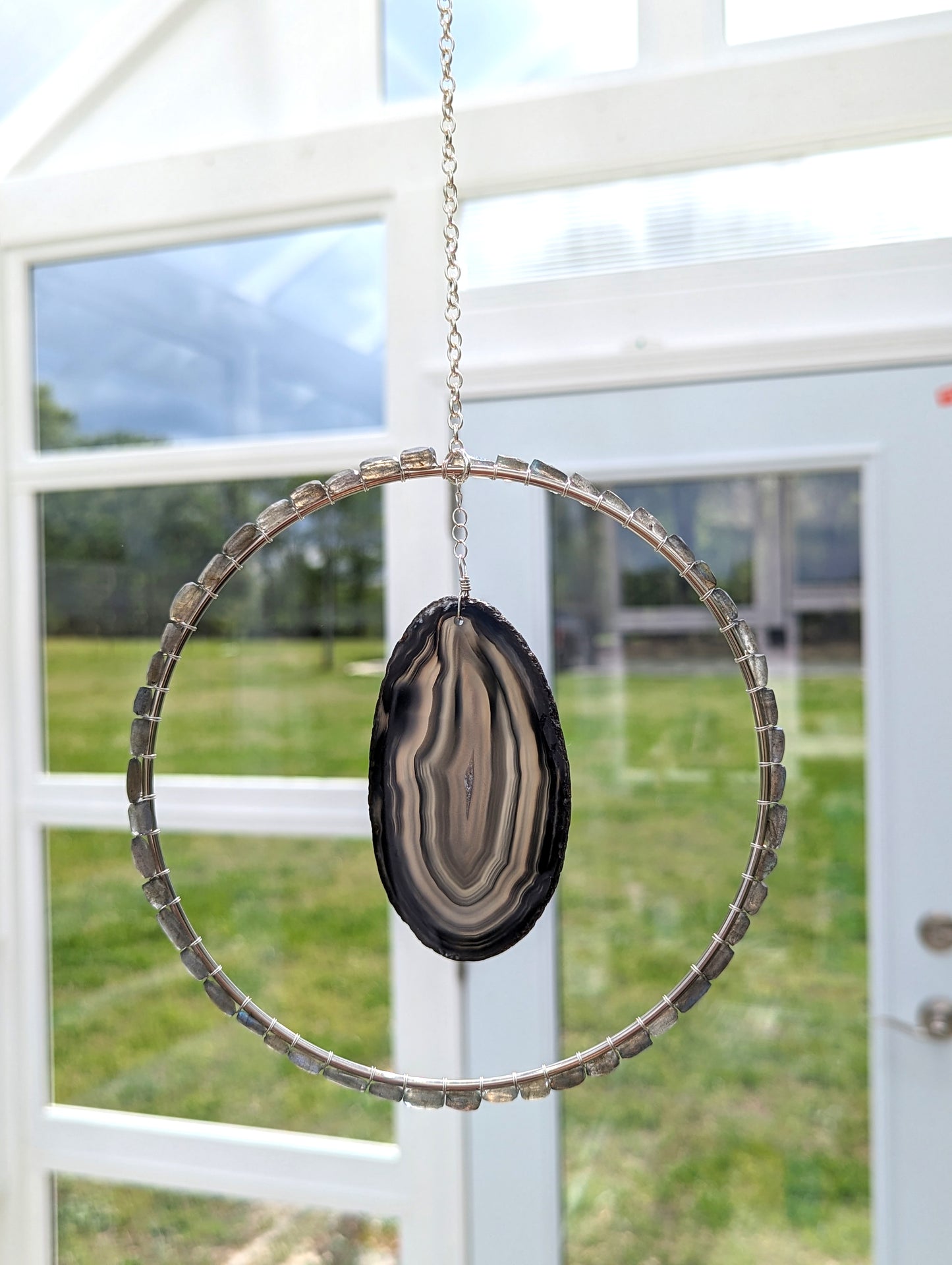 Gray Agate Slice with Labradorite Suncatcher