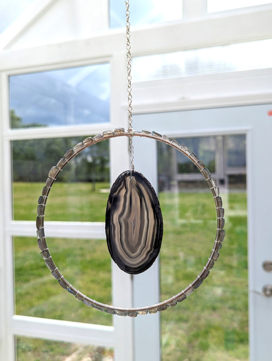 Gray Agate Slice with Labradorite Suncatcher