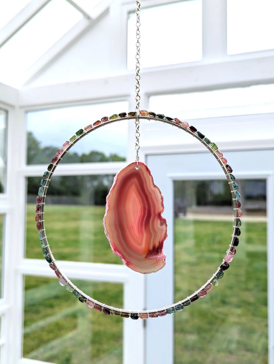 Pink Agate Slice with Watermelon Tourmaline Suncatcher