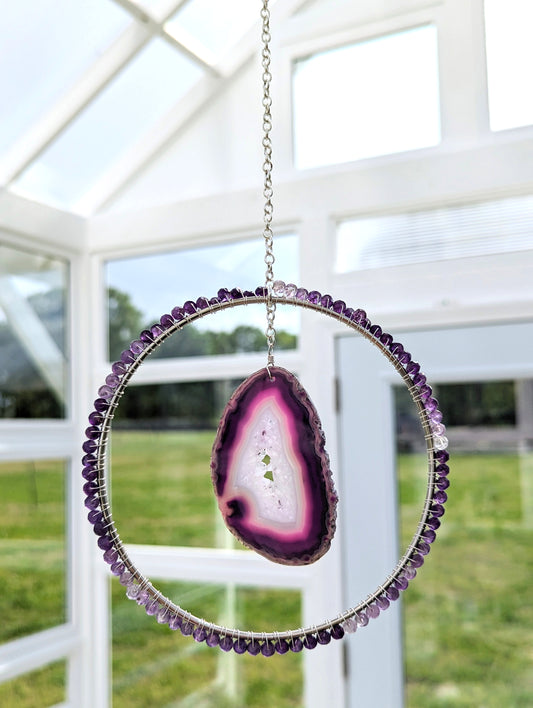 Purple Agate Slice with Amethyst Suncatcher