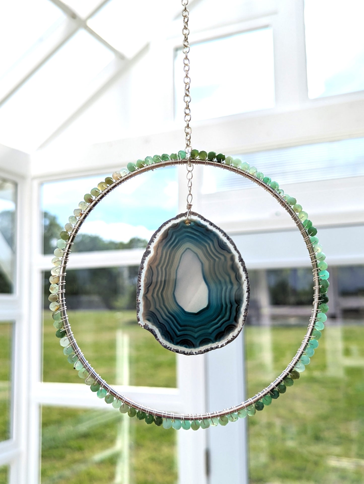 Green Agate Slice with Chrysoprase Gemstones Suncatcher