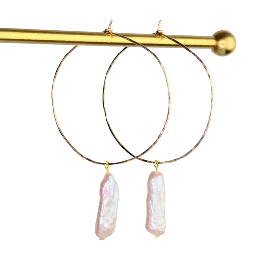 Freshwater Pearl Hammered Hoop Earrings