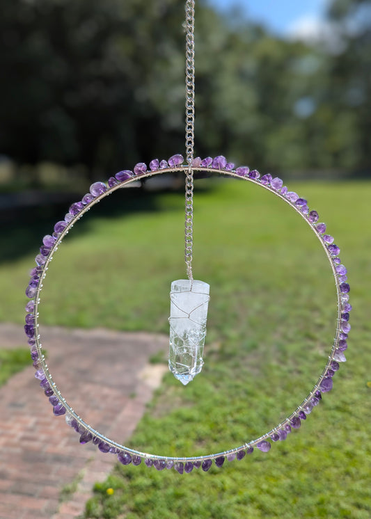 Amethyst and Clear Quartz Suncatcher - Silver