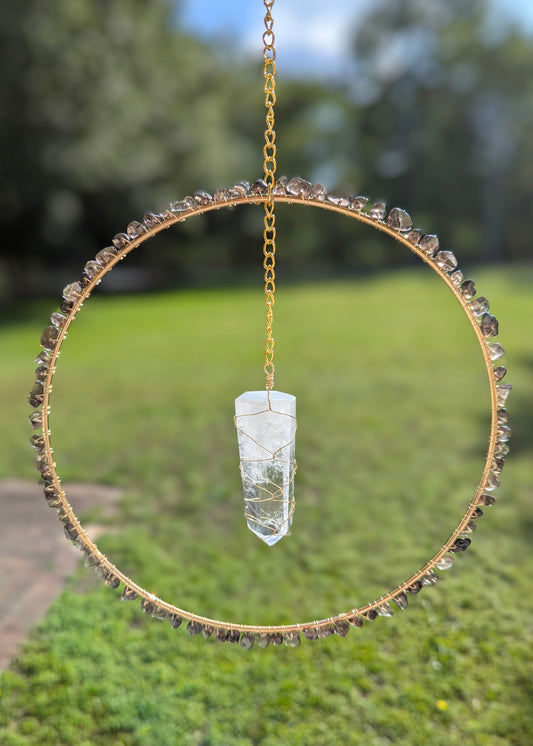 Smoky Quartz and Clear Quartz Suncatcher - Gold