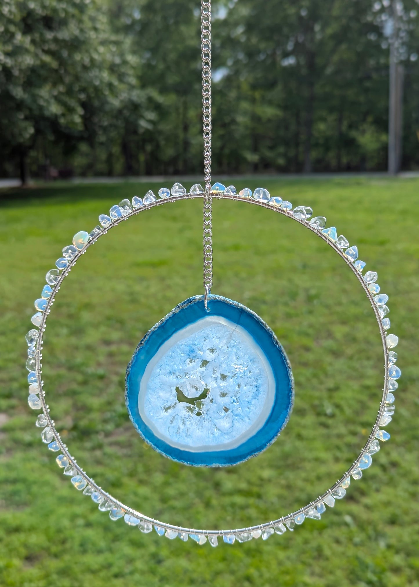 Opal and Blue Agate Slice Suncatcher - Silver