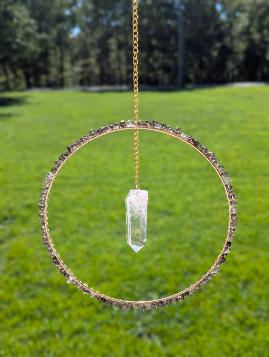 Smoky Quartz and Clear Quartz Suncatcher - Gold