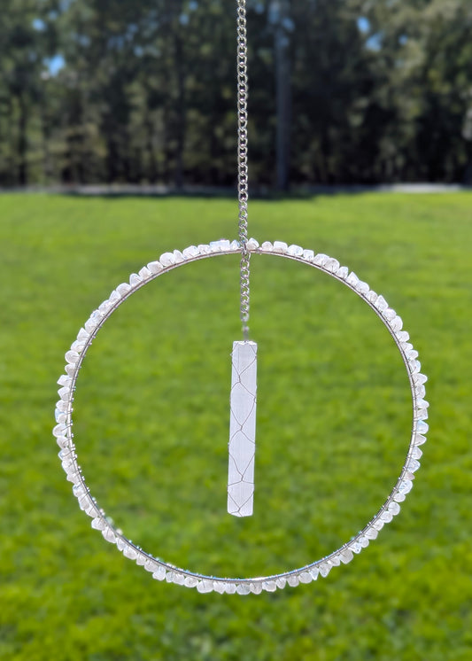 Rainbow Moonstone and Selenite Suncatcher - Silver