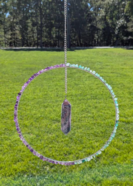 Fluorite, Amethyst, and Green Agate Suncatcher - Silver