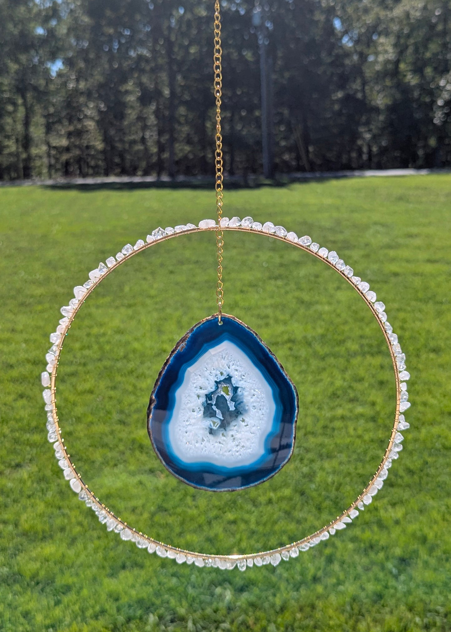 White Quartz and Blue Agate Slice Suncatcher - Gold