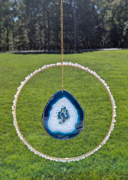 White Quartz and Blue Agate Slice Suncatcher - Gold