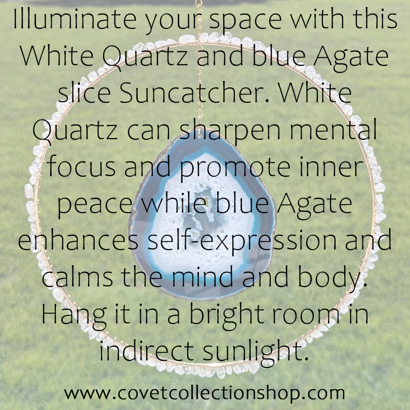 White Quartz and Blue Agate Slice Suncatcher - Gold