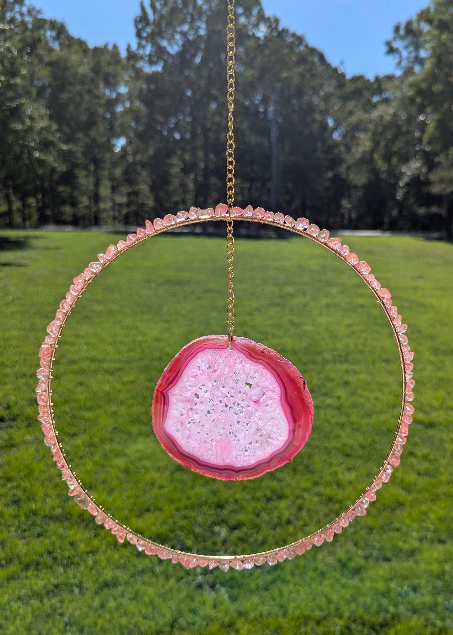 Strawberry Quartz and Pink Agate Slice Suncatcher - Gold