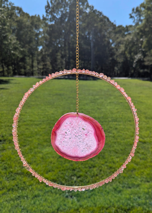 Strawberry Quartz and Pink Agate Slice Suncatcher - Gold