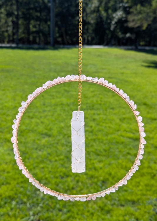 Rose Quartz and Selenite Suncatcher - Gold